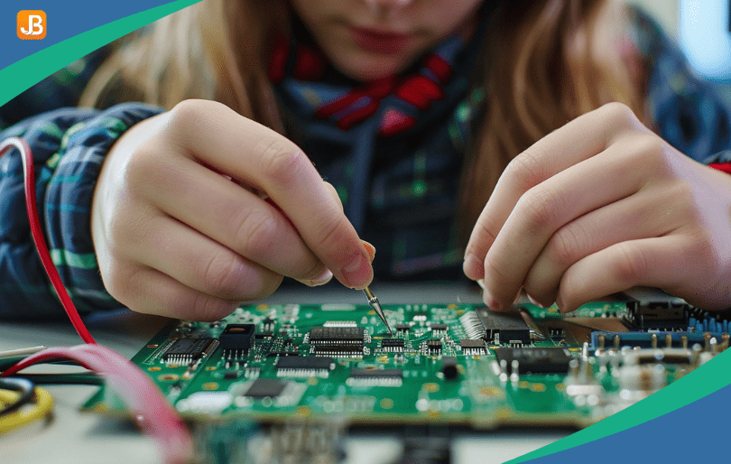 A young girl building a simple circuit as part of a STEM project
