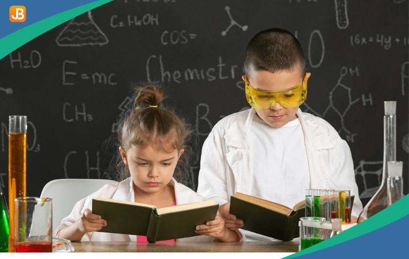 Two kids in a laboratory reading books, exploring STEM education concepts
