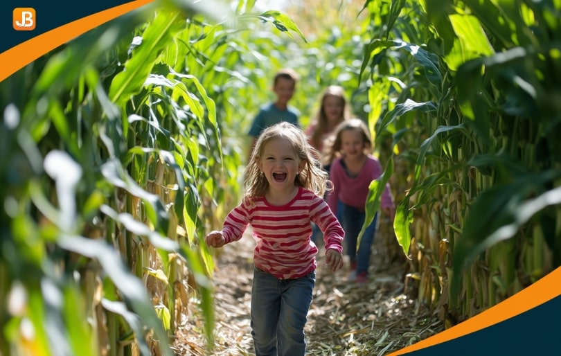 Children running through a corn maze in a tall cornfield, smiling and enjoying the fall adventure