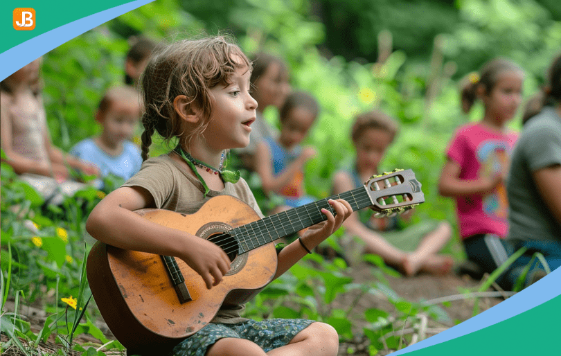 Children at camp engage in performing arts, with one child playing a guitar