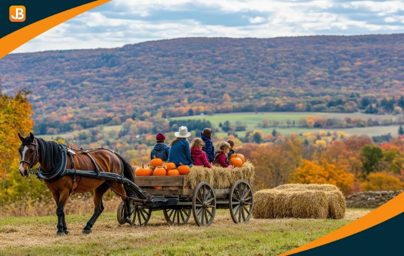 Children and families enjoy pony rides through a pumpkin patch, seated on a wooden cart pulled by a pony.