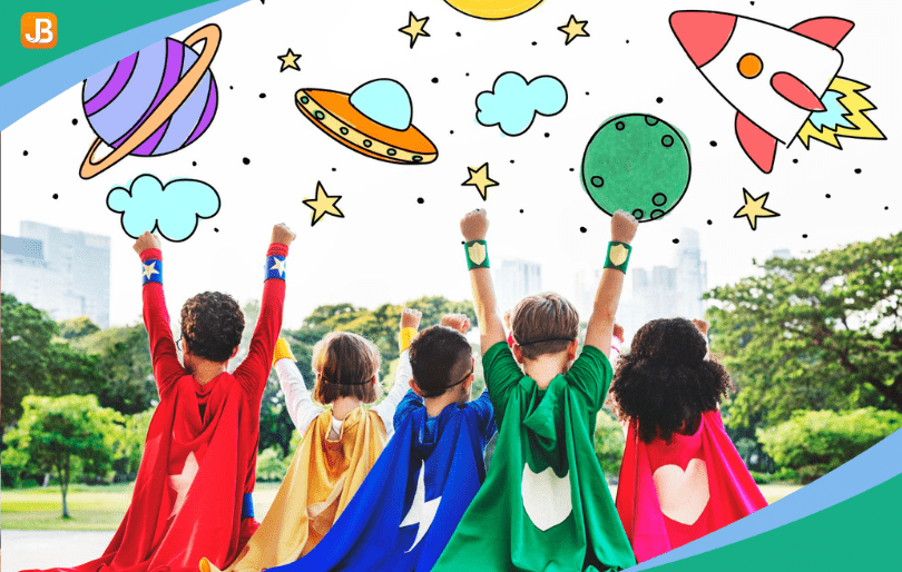 Children engaged in a space-themed activity, creating DIY rockets and learning about stars