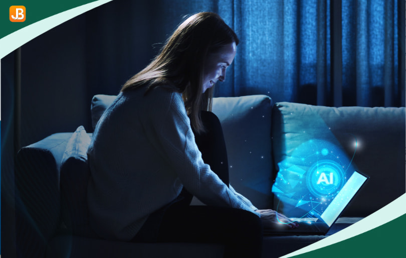 Woman working on a laptop with AI tools.