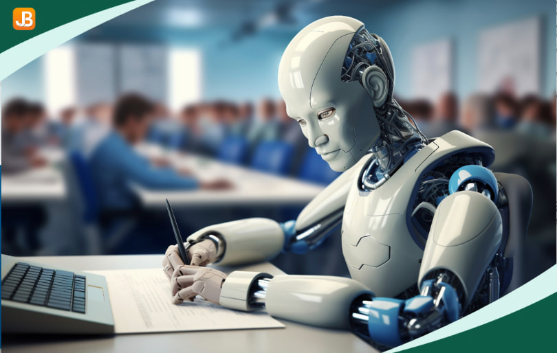 Robot writing on paper with a laptop displaying AI tools