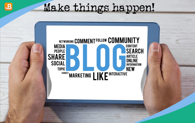 The word "Blog" with the phrase "Make Things Happen" beside it surrounded by creative elements.