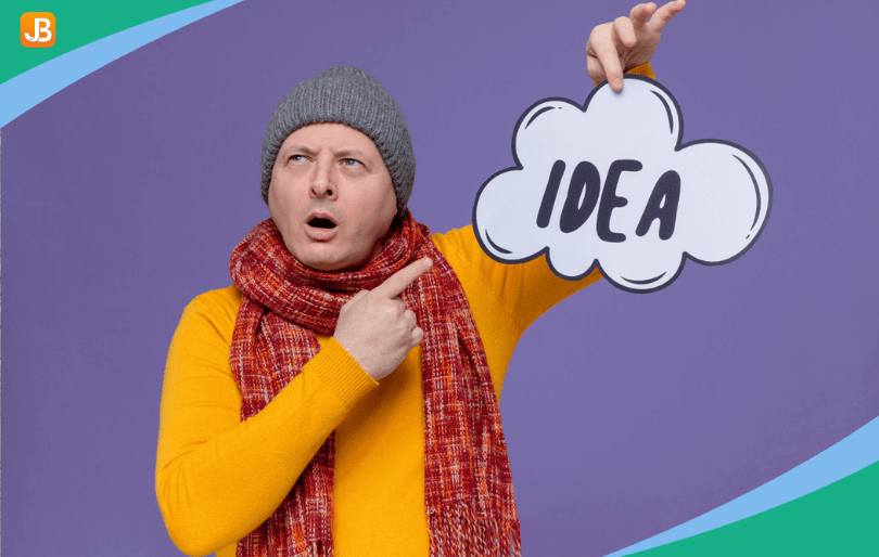 A man holding the word "Idea" with an expressive face, symbolizing creative interactive concepts