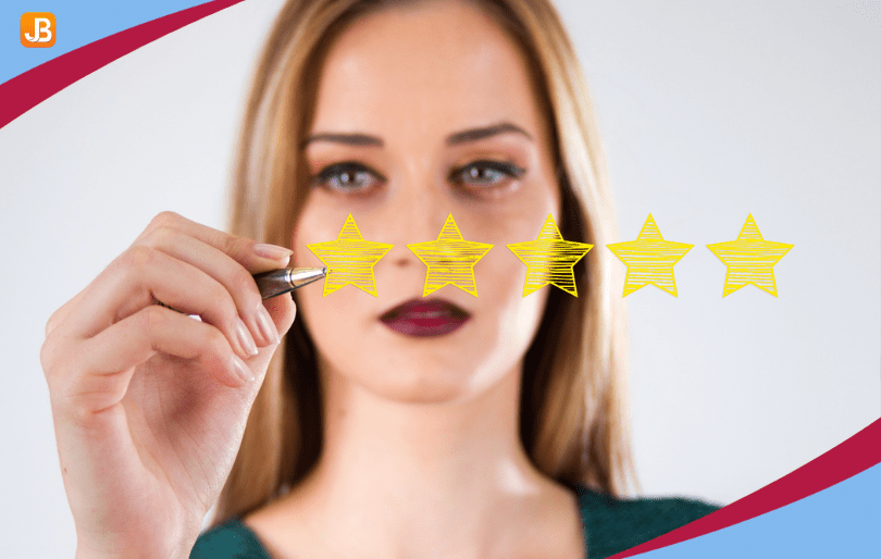 Woman with 5 stars, symbolizing positive daycare reviews and trust