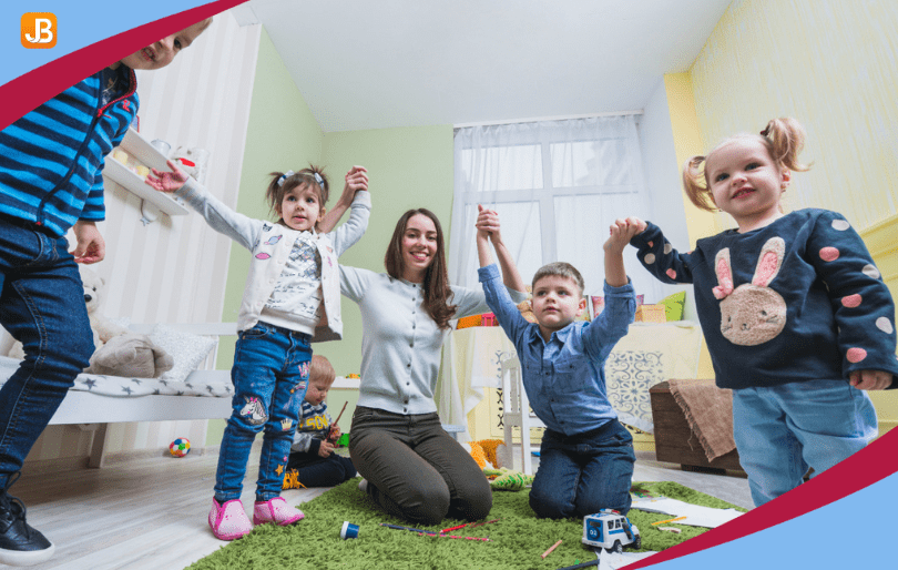 Teacher with happy children, symbolizing a safe and nurturing daycare environment