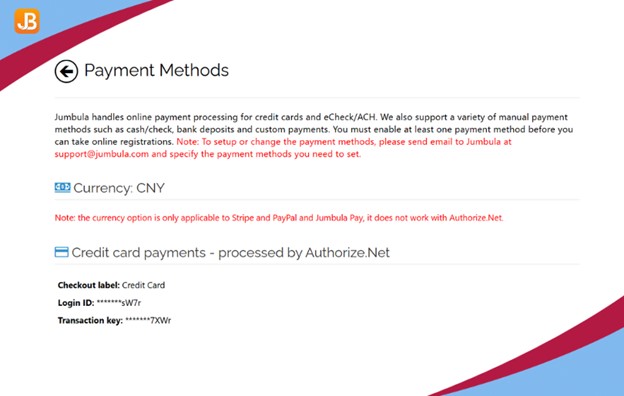  Jumbula payment options dashboard showing multiple ways to pay for childcare services.