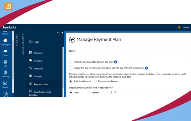Jumbula dashboard showcasing multiple payment options and flexible payment plans for childcare centers.