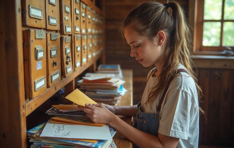 Camp mailroom sorting letters into cabin mail slots