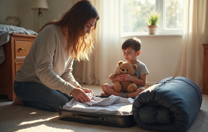 Parent packing a suitcase while a child watches, getting ready for a summer camp session