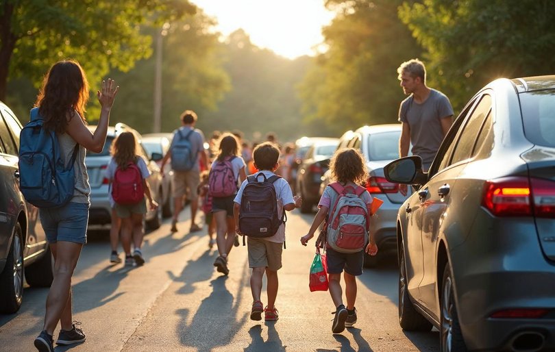 Kids arriving for a day camp drop-off session