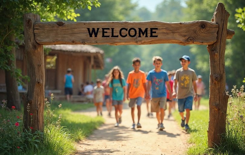 Camp entrance sign representing different camp name styles by camp type
