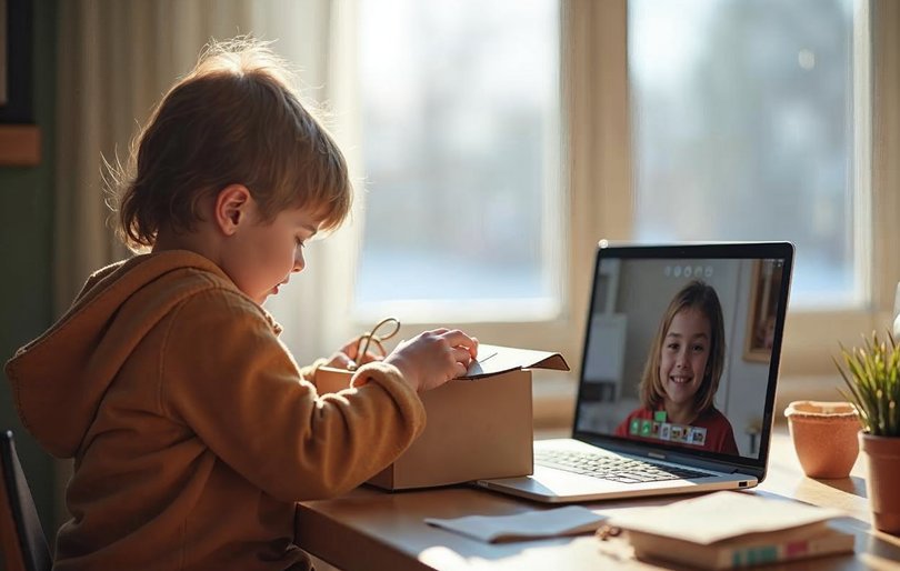 Child unboxing a mailed activity kit for a virtual winter camp session