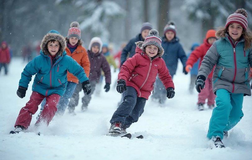 Kids running an outdoor snow relay race at winter camp