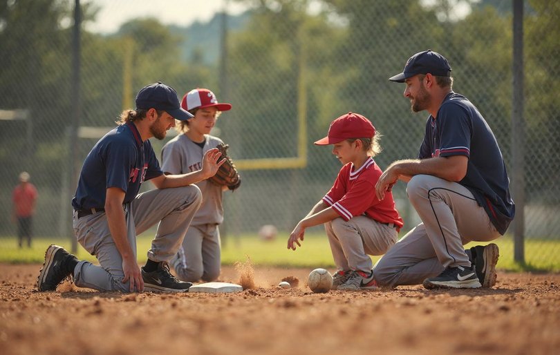 Youth baseball players practicing ground balls in pairs at a fielding station