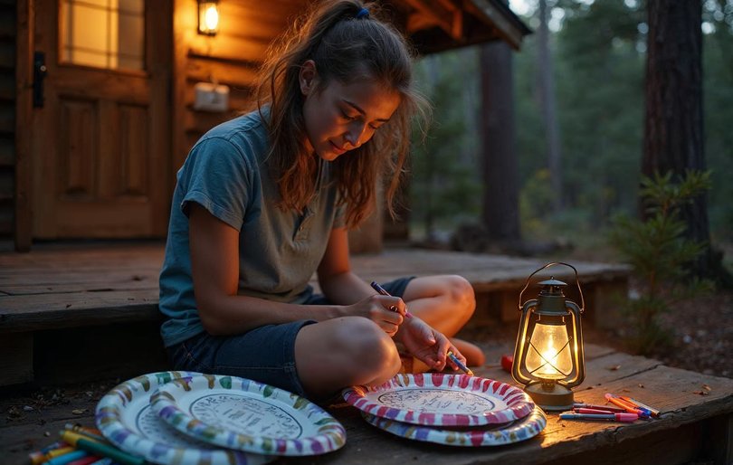 Camp counselor making paper plate camp awards on cabin steps the night before the ceremony