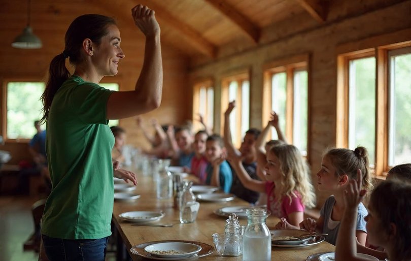 Camp counselor using a call-and-response chant to quiet campers in a dining hall