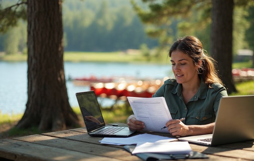 Camp director reviewing staff applications at a picnic table during counselor hiring season