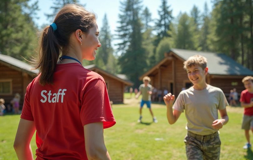 Camper calling a counselor by her camp name across a summer camp activity field