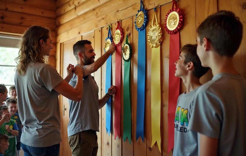 Camp counselors updating a week-long camp olympics medal count board in team colors