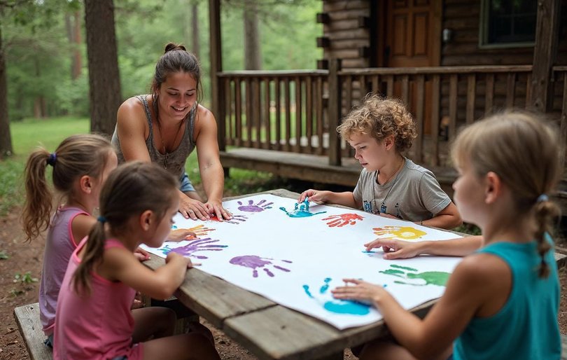 Counselor and campers making a cabin agreement poster on the first day of camp