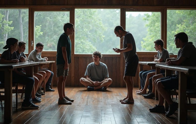 Cabin group rehearsing camp skits in a dining hall on a rainy day