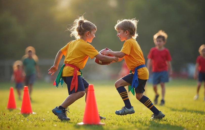 Youth flag football players practicing a flag pulling drill between two cones