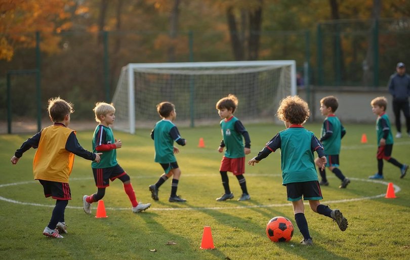 Eight-year-olds playing a 4v4 small-sided youth soccer game on a cone-marked field