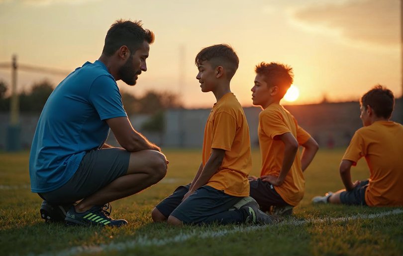 Youth soccer coach giving one player specific feedback during an end-of-practice huddle