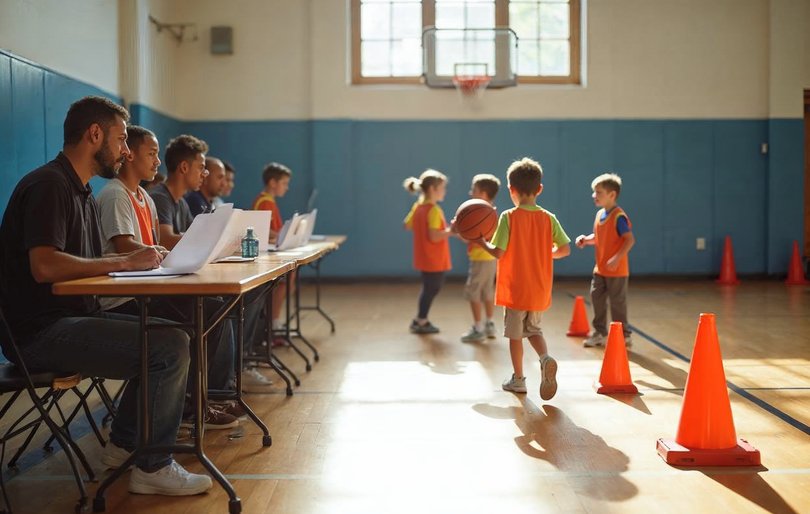 Three volunteer evaluators watching a youth basketball dribbling station during player evaluations
