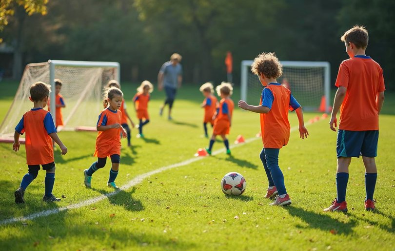 Two small-sided 3v3 soccer games for kindergarteners running side by side on cone-marked fields