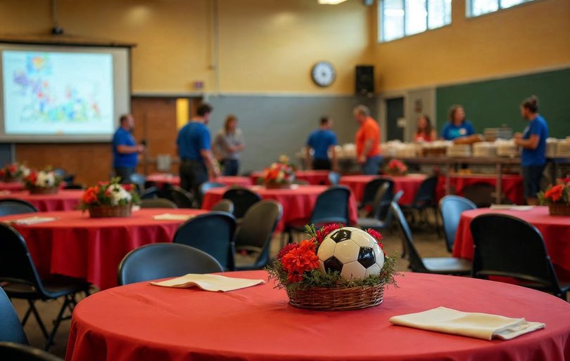 Parent volunteers setting up a school cafeteria with team-color tables and soccer ball centerpieces for a youth sports banquet