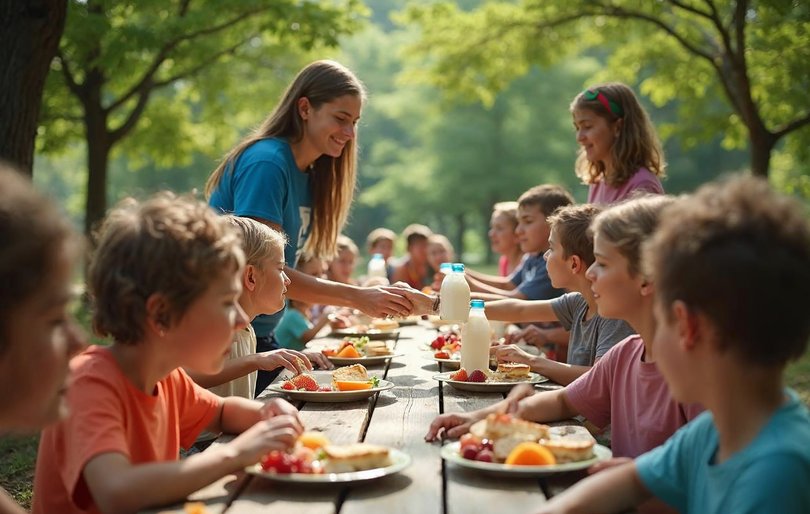 Day campers eating a shared lunch at picnic tables during a funded summer camp program