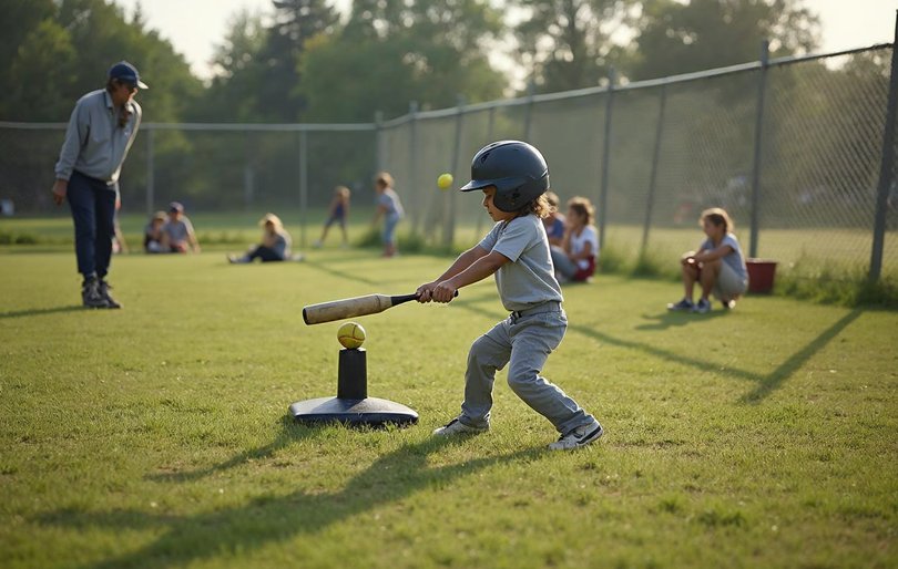 Five-year-old hitting off a batting tee while a parent helper stands back and teammates wait well clear of the swing